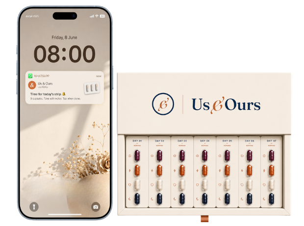 A phone showing a PillPal WhatsApp reminder beside the seven-day Us & Ours blister tray