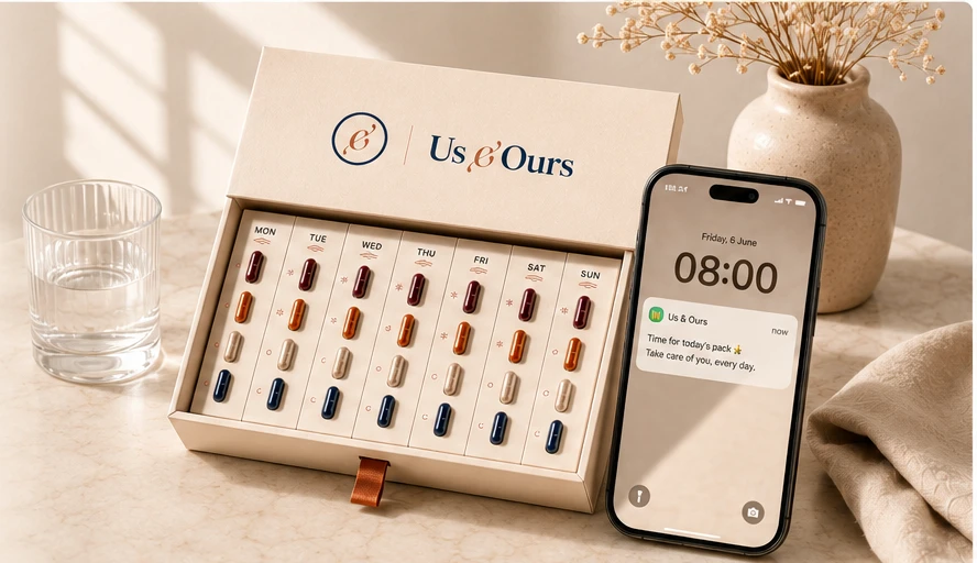 An open Us & Ours box with a personalised seven-day supplement tray, beside a phone showing a daily reminder